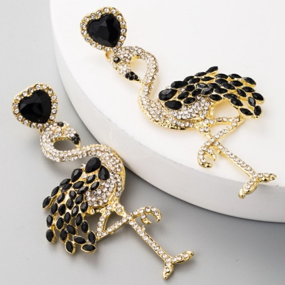 Black Flamingo Earrings Rhinestone Statement Summer Vacation | NWT